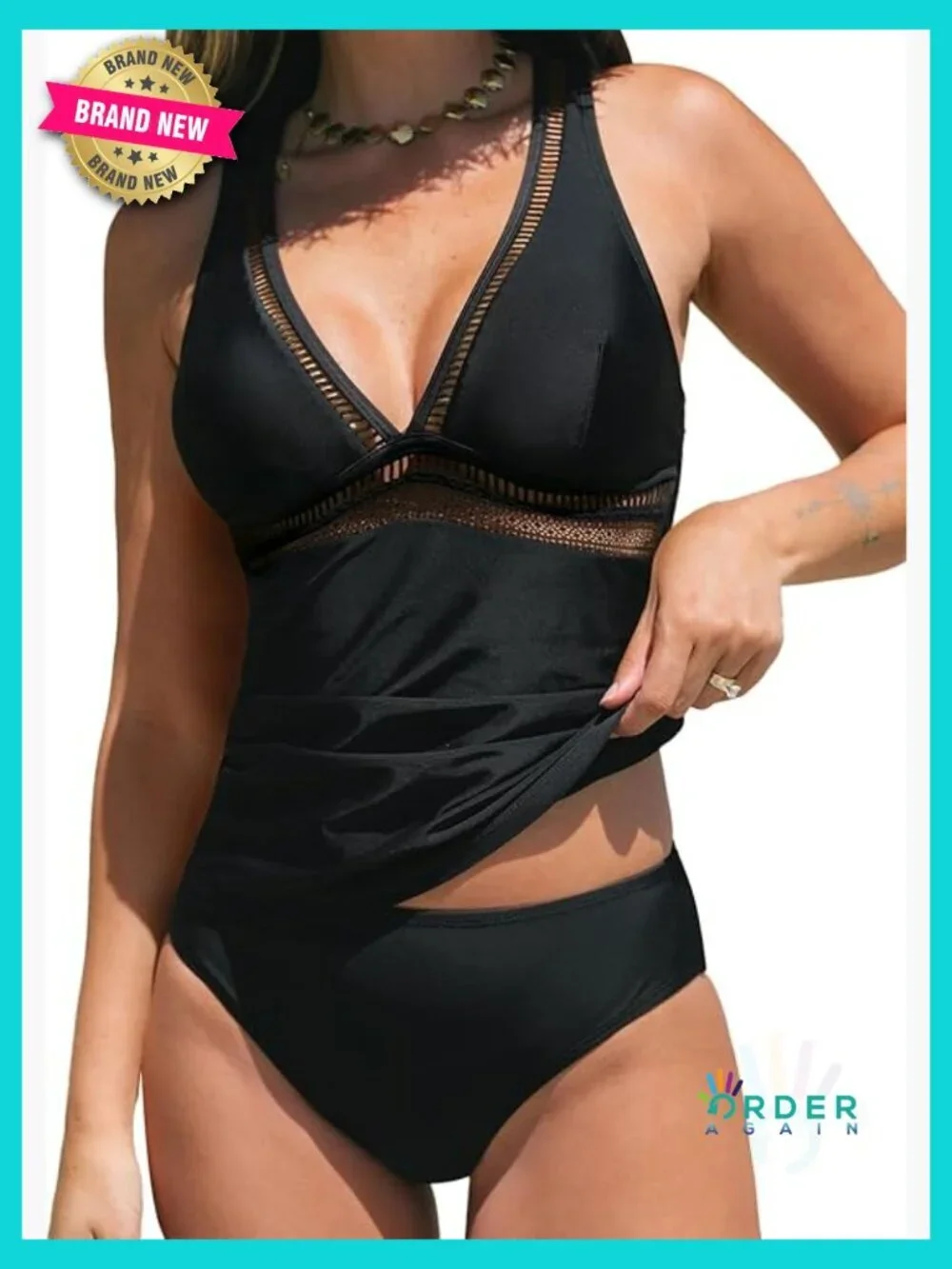 V Neck Tankini Set Mesh Crisscross Back Adjustable Straps Two Piece Swimwear